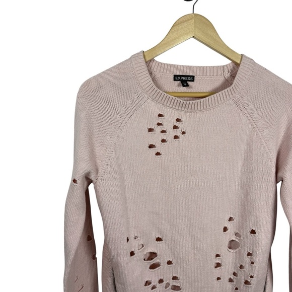 Express Women’s Crewneck Distressed Side Zip Knit Sweater Pink Size XS - Picture 5 of 9